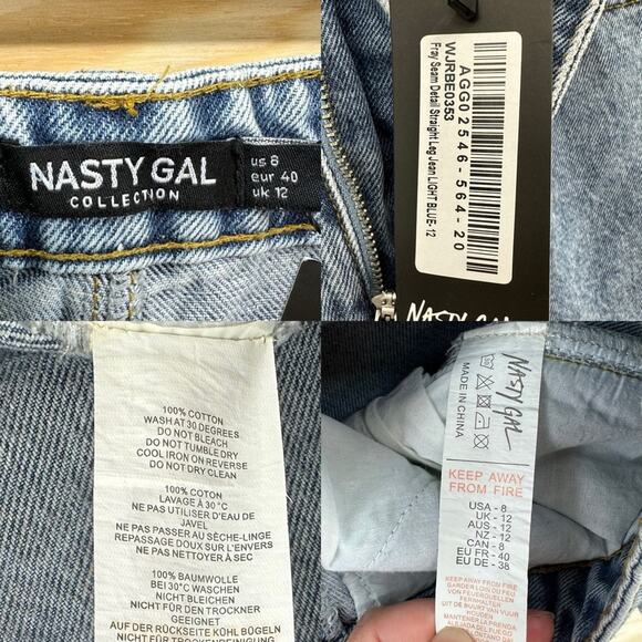 NWT Nasty Gal fray seam straight leg high rise jeans in light blue woman’s sz 8 - Picture 9 of 12